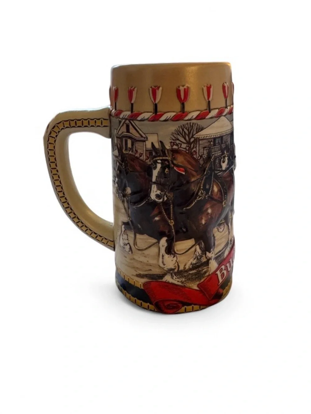Vintage 1986 Budweiser Clydesdales Holiday Stein, Brazil Winter Scene Mug